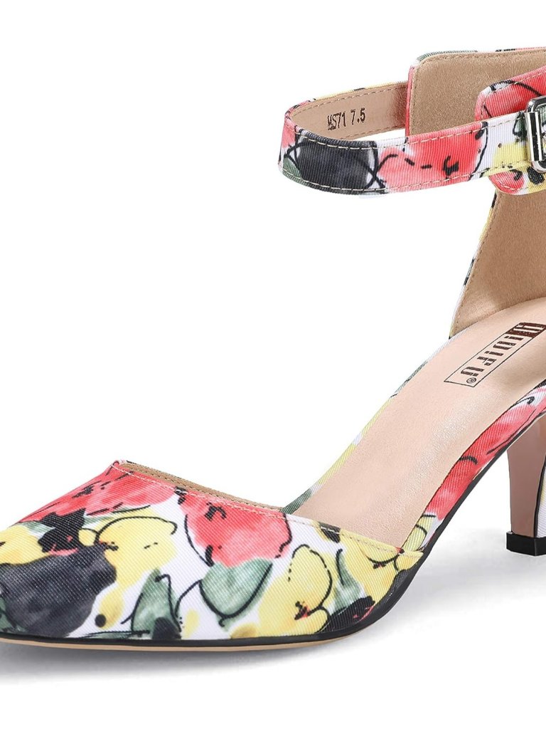Women's Floral Yellow Dress Shoes Pointed Closed Toe Wedding Bride Ankle Strap
